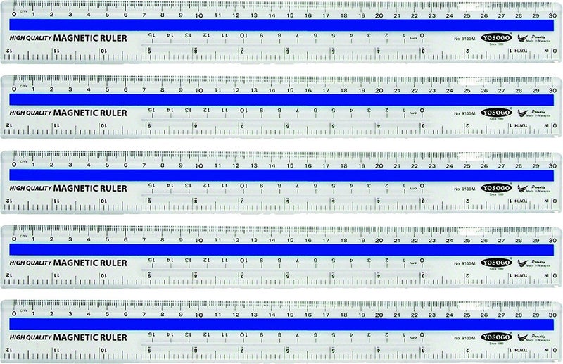 12 inch / 30 cm Magnetic Plastic Transparent Ruler - Pack of 5 by YOSOGO